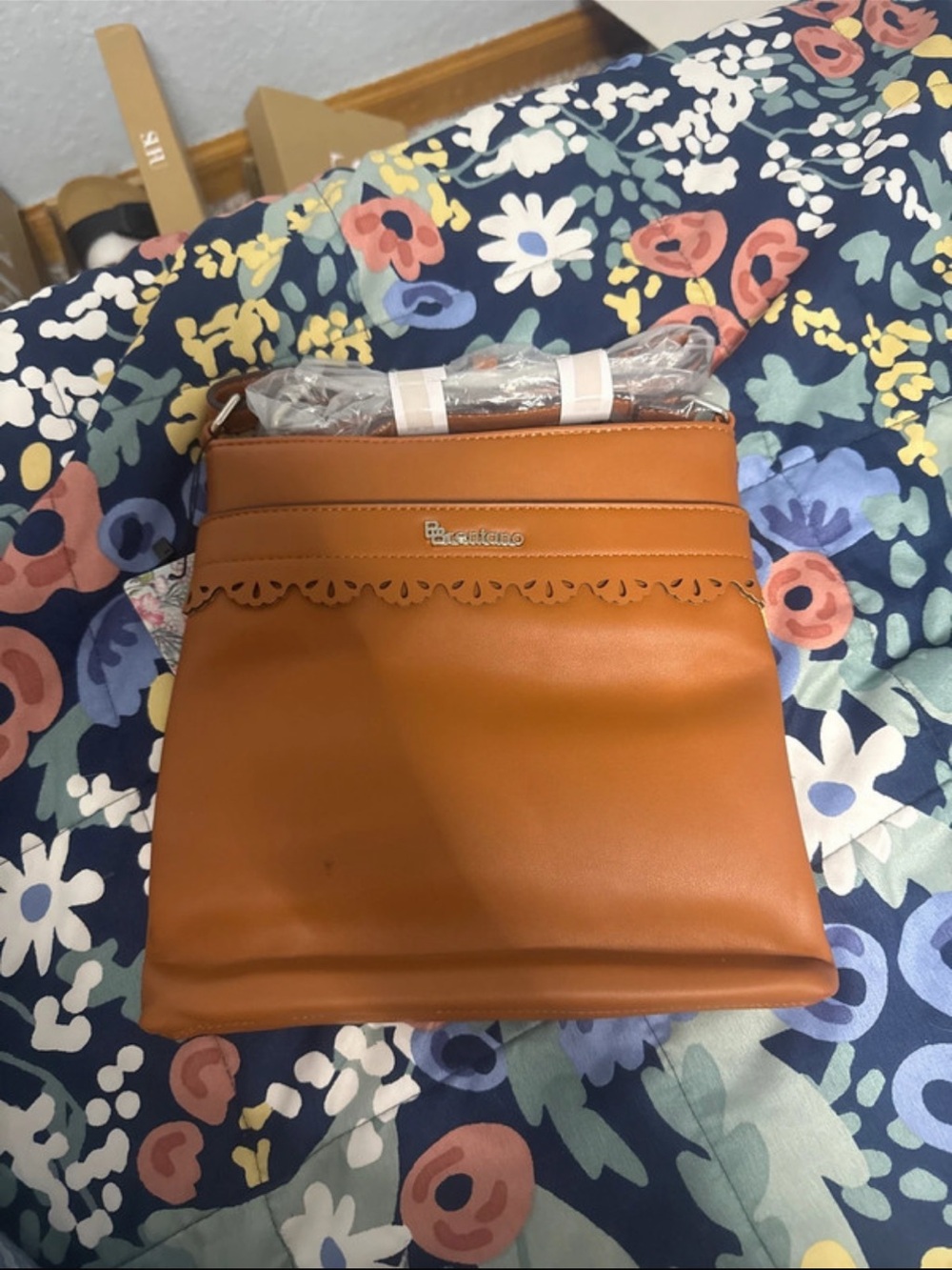 Fashionable Tan Crossbody Bag with Scalloped Trim